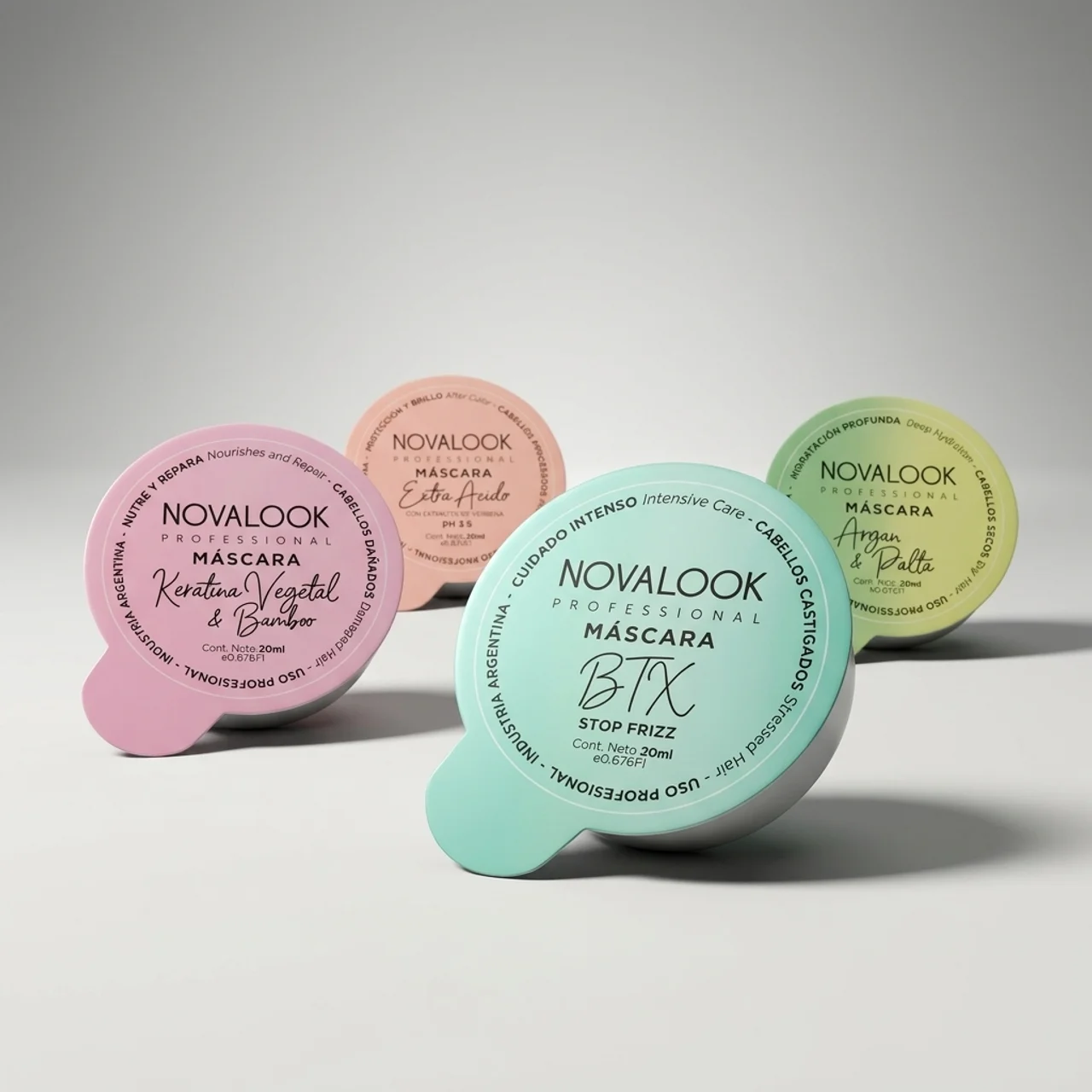 Línea de máscaras monodosis NOVALOOK Professional — Keratina Vegetal & Bamboo, Extra Ácido, BTX Stop Frizz, Argán & Palta